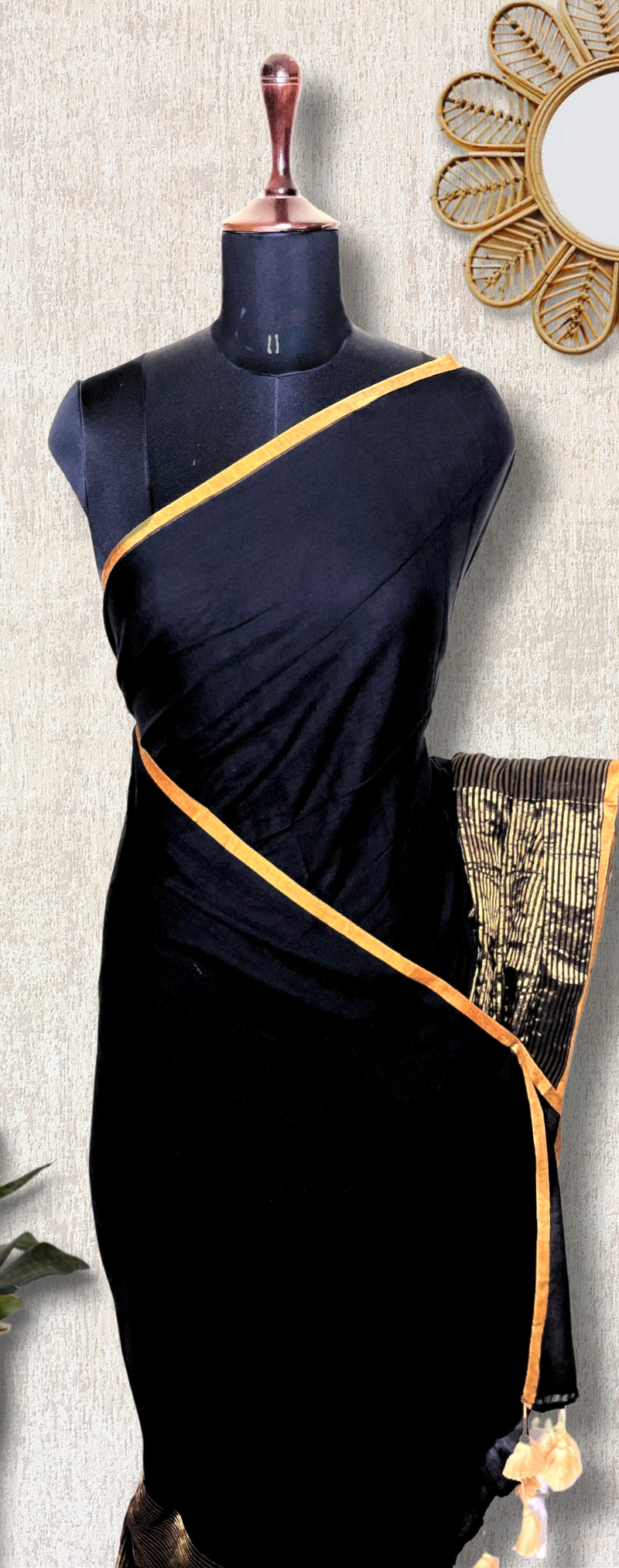 Handwoven Cotton Saree -  Charcoal Black + Gold