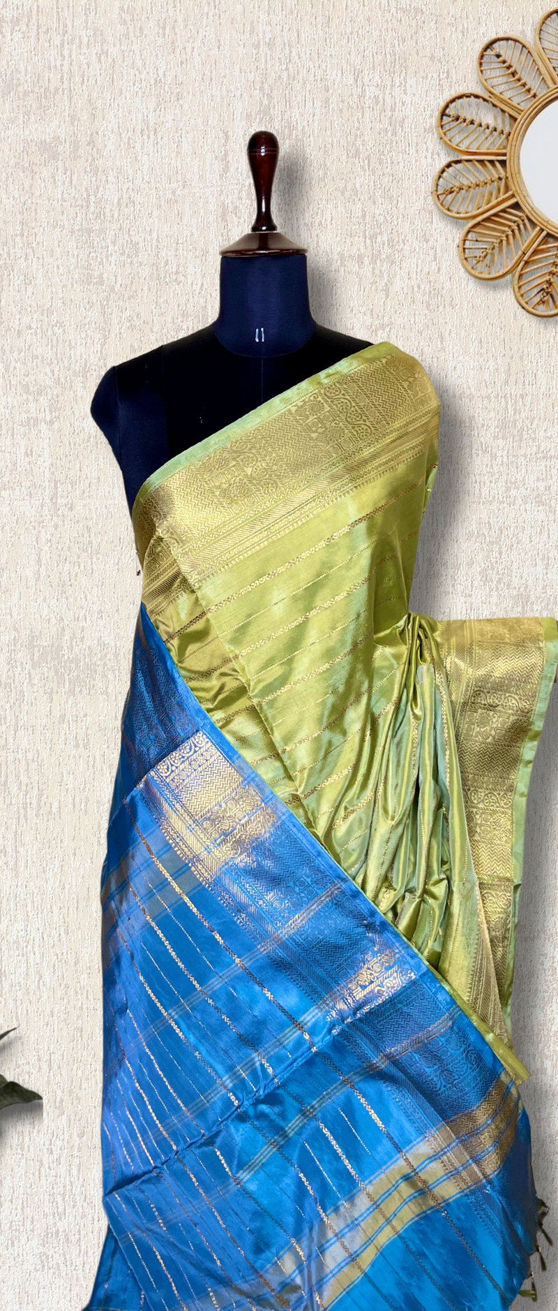 Handwoven Art Silk Saree -  Yellow Green+ Denim Blue