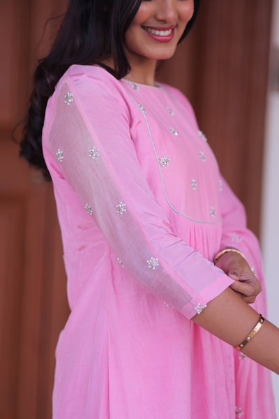 Pink Lychee Embroidered A-Line Co-ord Set With Dupatta