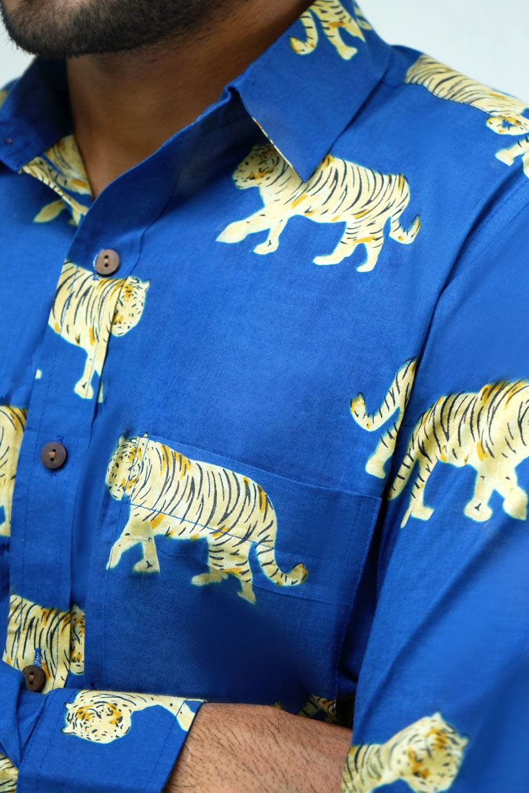 Blue Tiger Print Full Slevee Shirt