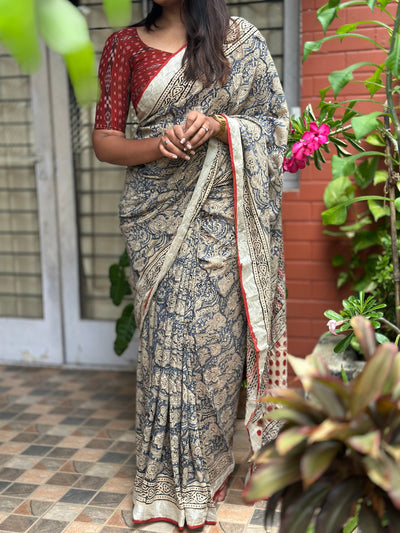 EXP - Kanmani blue floral linen saree