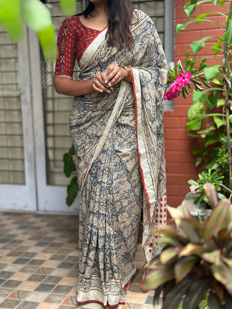 EXP - Kanmani blue floral linen saree