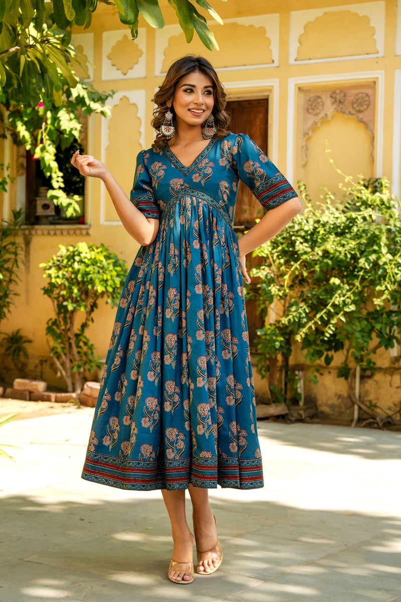 Blue Ajrakh Mughal Buta Nyra Dress