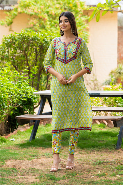 Green Red Floral Patch Kurta Set