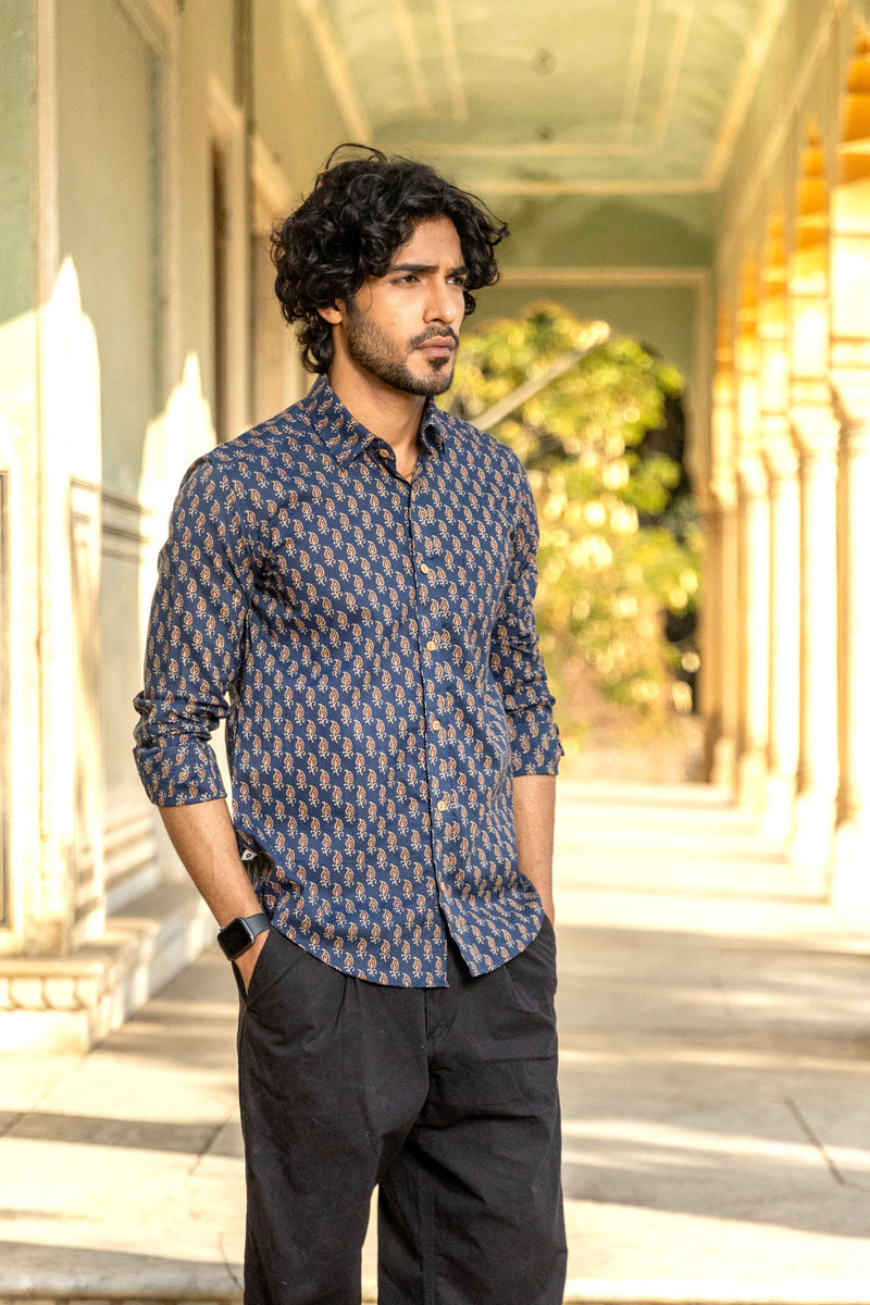 Blue Ajrakh Paisley Buti Full Sleeve Shirt