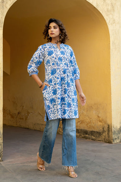 White Blue Floral Pintucks Tunic