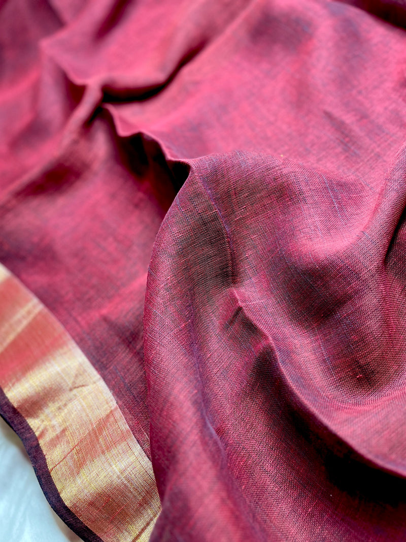 Handwoven Linen Saree - Flush Maroon + Gold