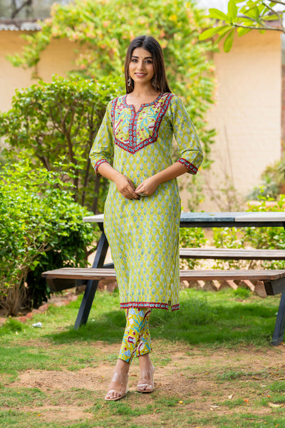 Green Red Floral Patch Kurta Set