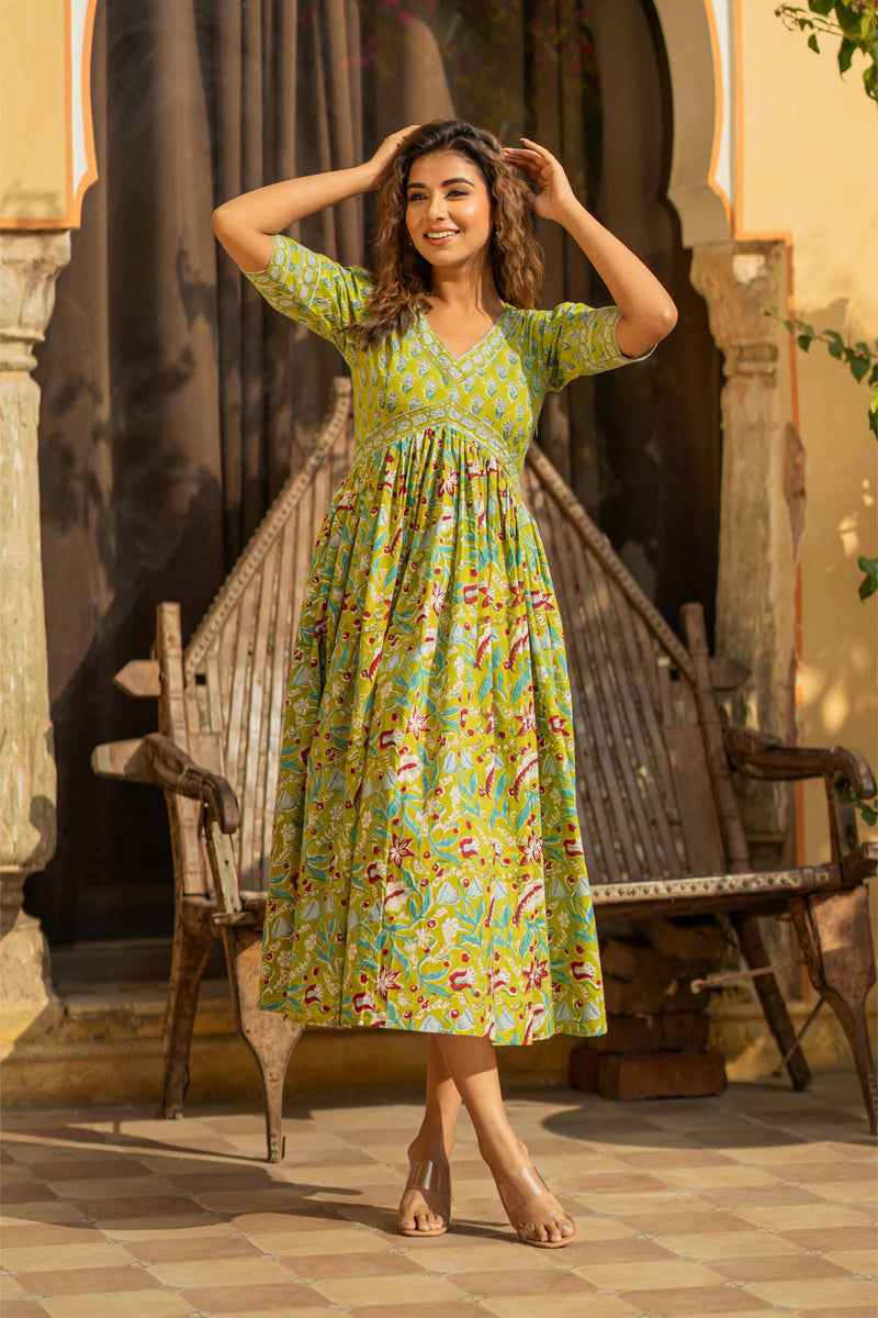 Green Red Floral Nyra Cut Dress