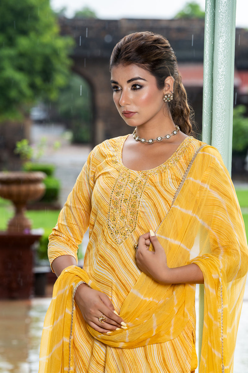 Yellow Multi Lehariya Necklace  Kurta Set