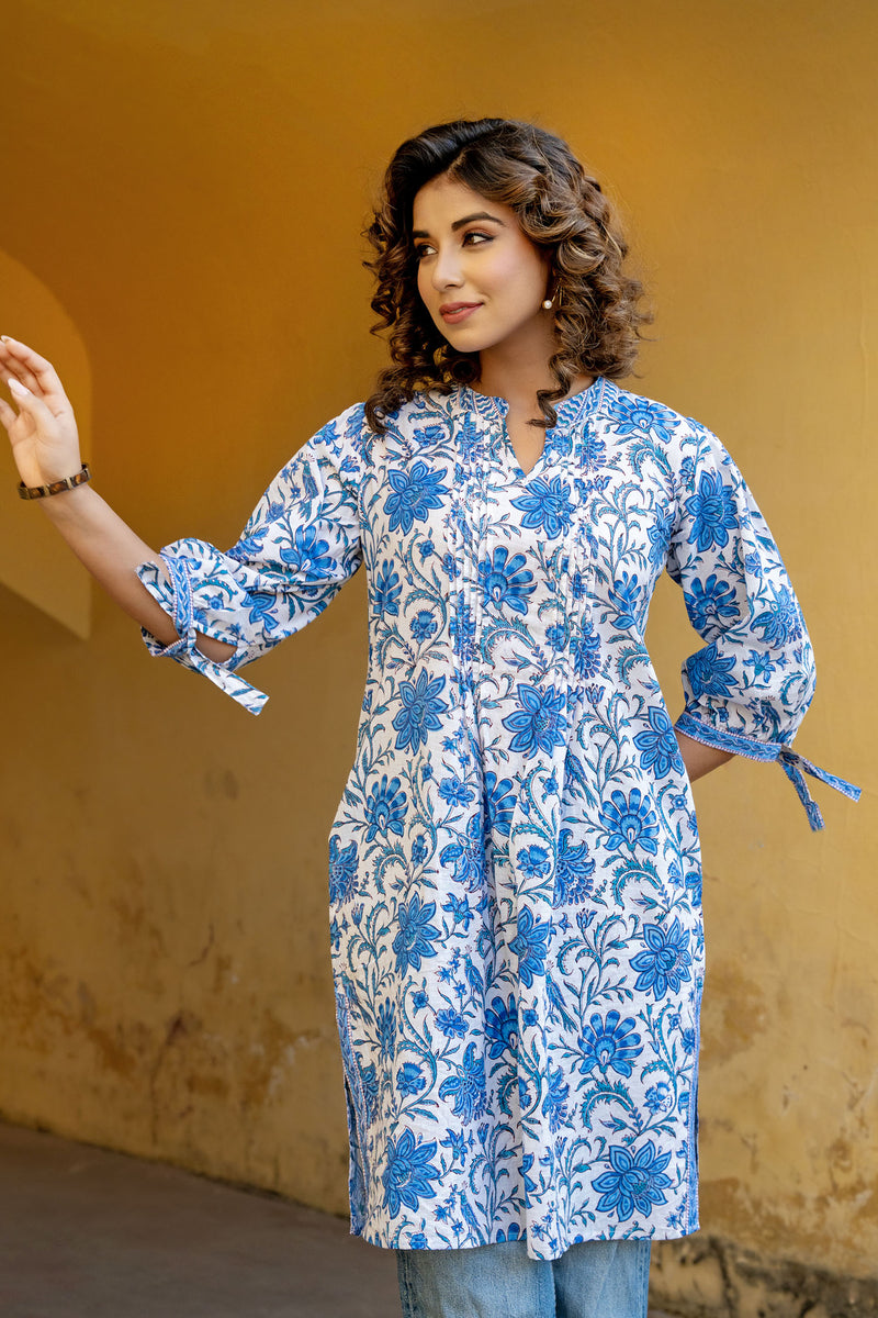 White Blue Floral Pintucks Tunic