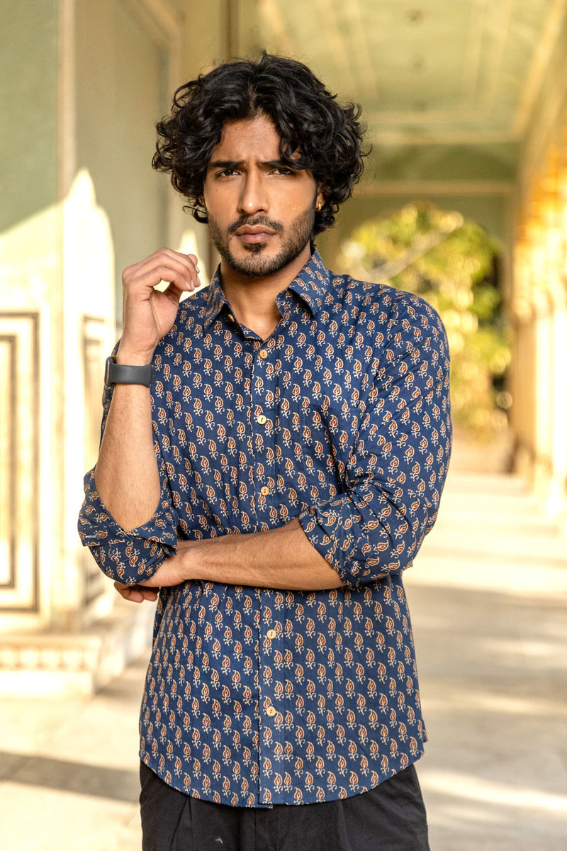 Blue Ajrakh Paisley Buti Full Sleeve Shirt