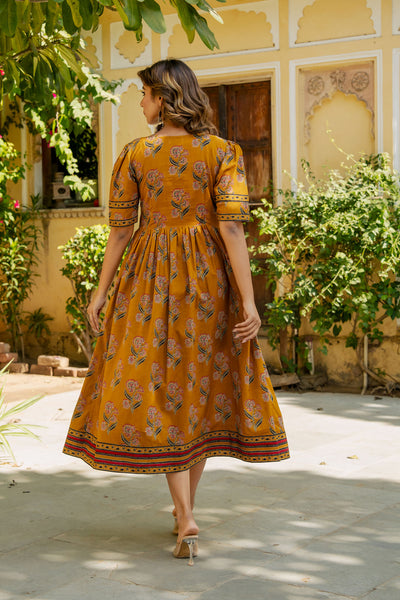 Mustard Ajrakh Mughal Buta Nyra Dress