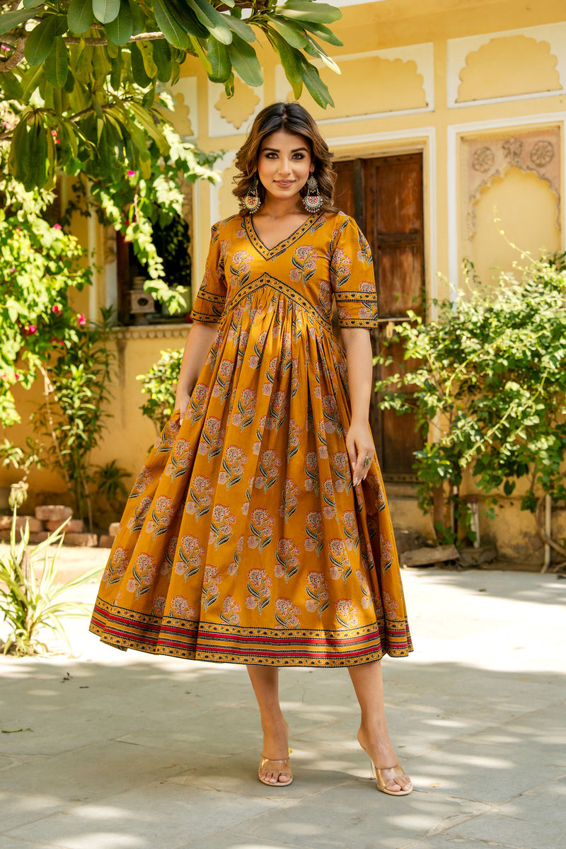 Mustard Ajrakh Mughal Buta Nyra Dress