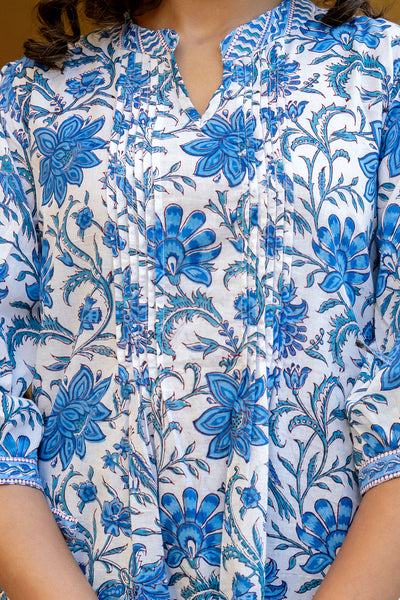 White Blue Floral Pintucks Tunic