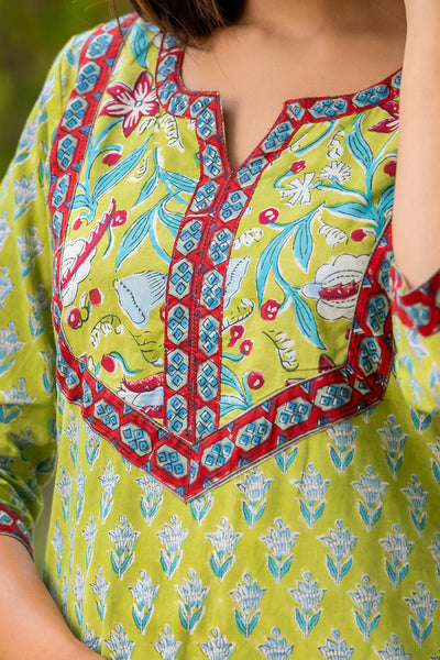 Green Red Floral Patch Kurta Set