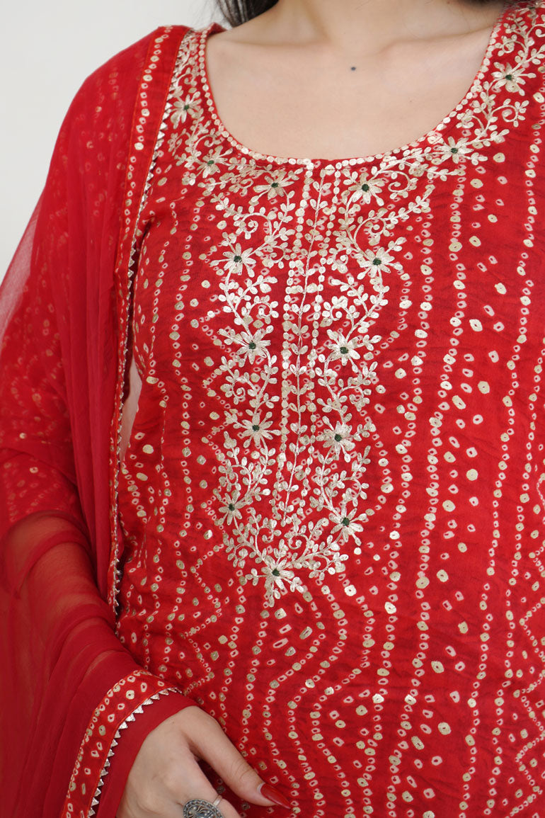 Red Bandhej Necklace Kurta Set
