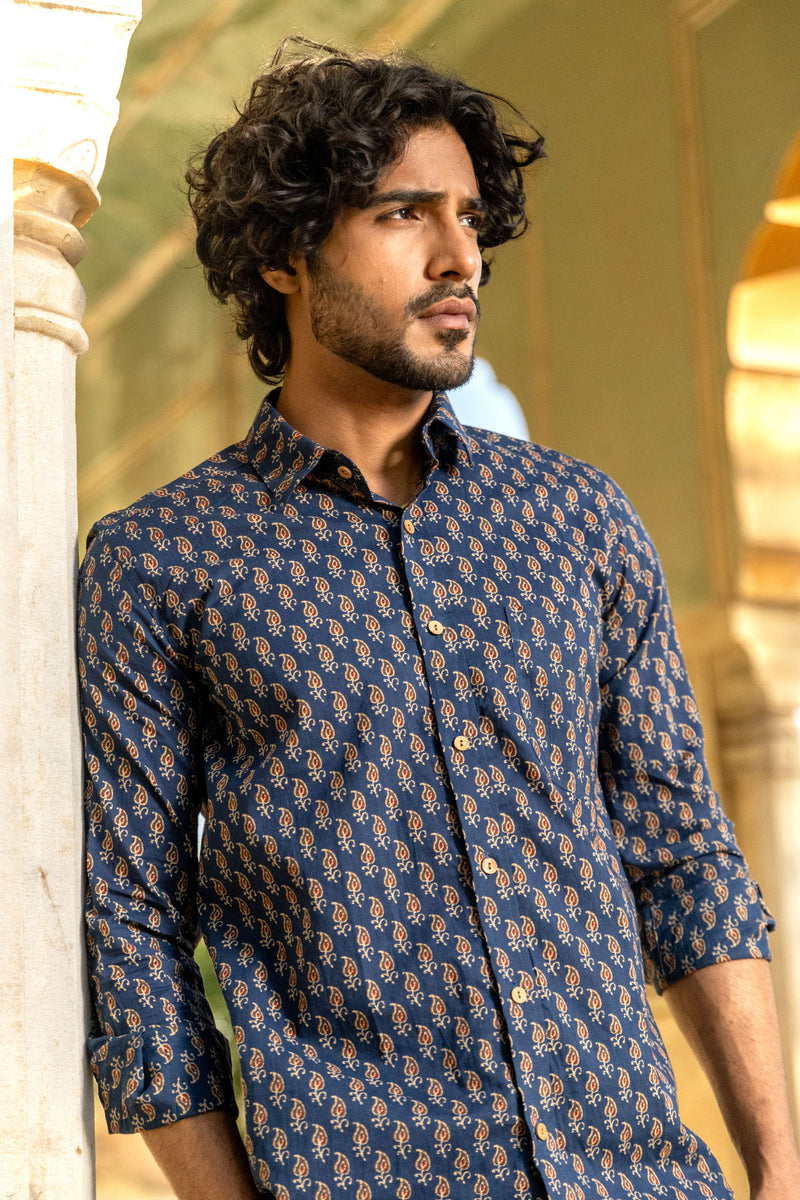 Blue Ajrakh Paisley Buti Full Sleeve Shirt