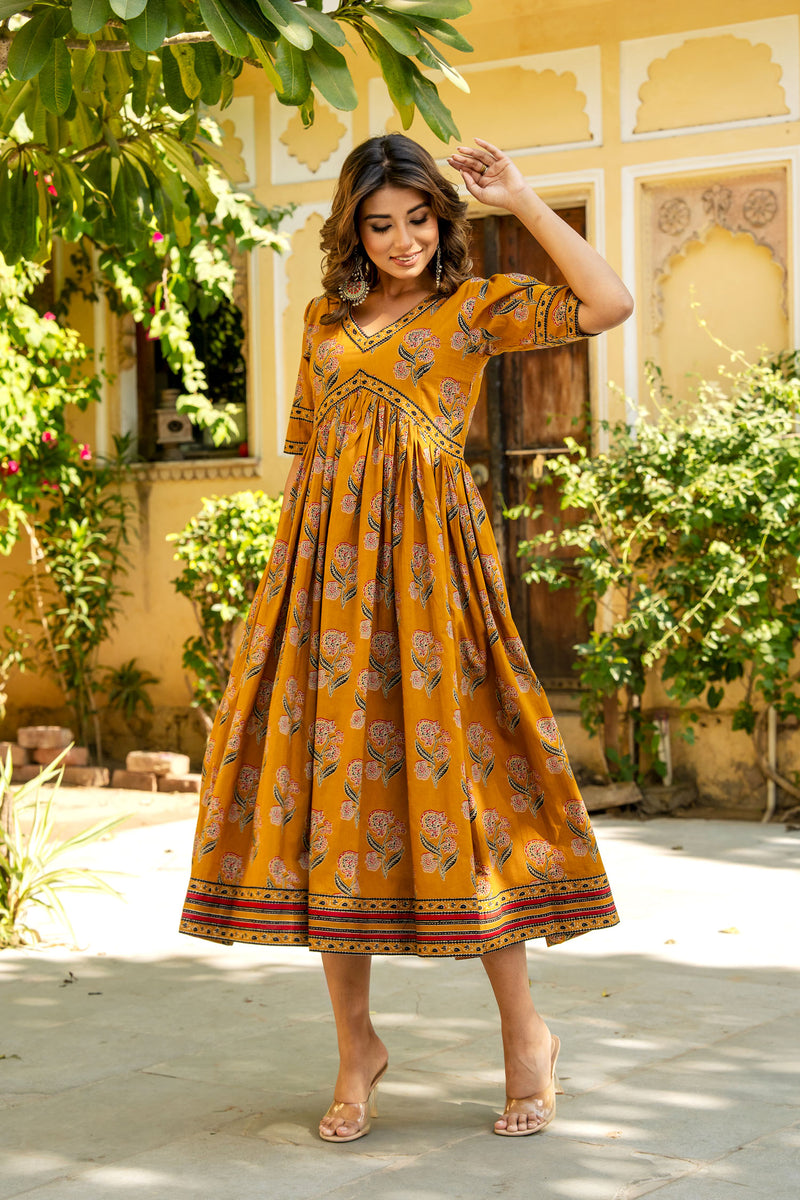 Mustard Ajrakh Mughal Buta Nyra Dress