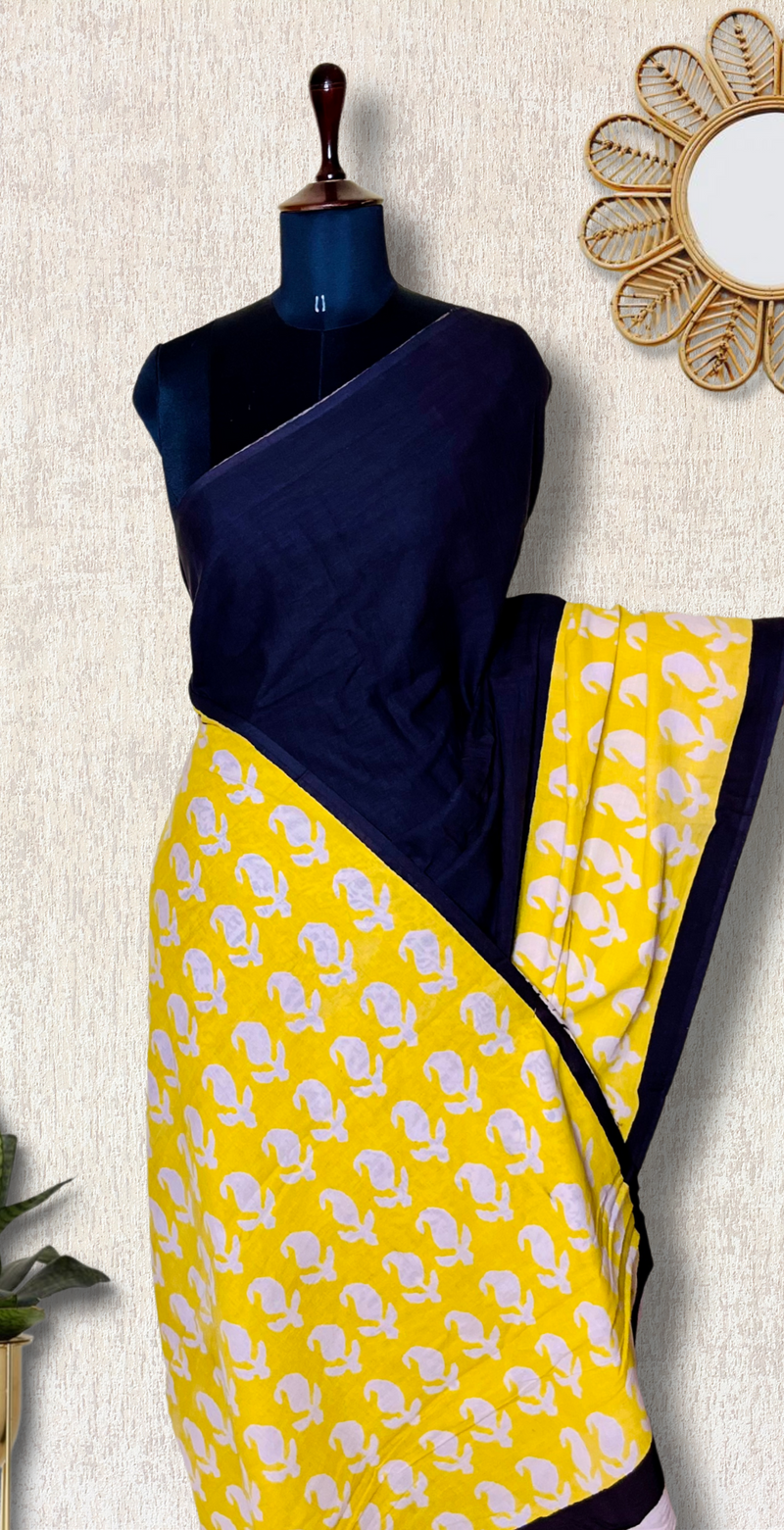 Handblock Printed Cotton Saree -  Pearl Black + Sunflower Yellow