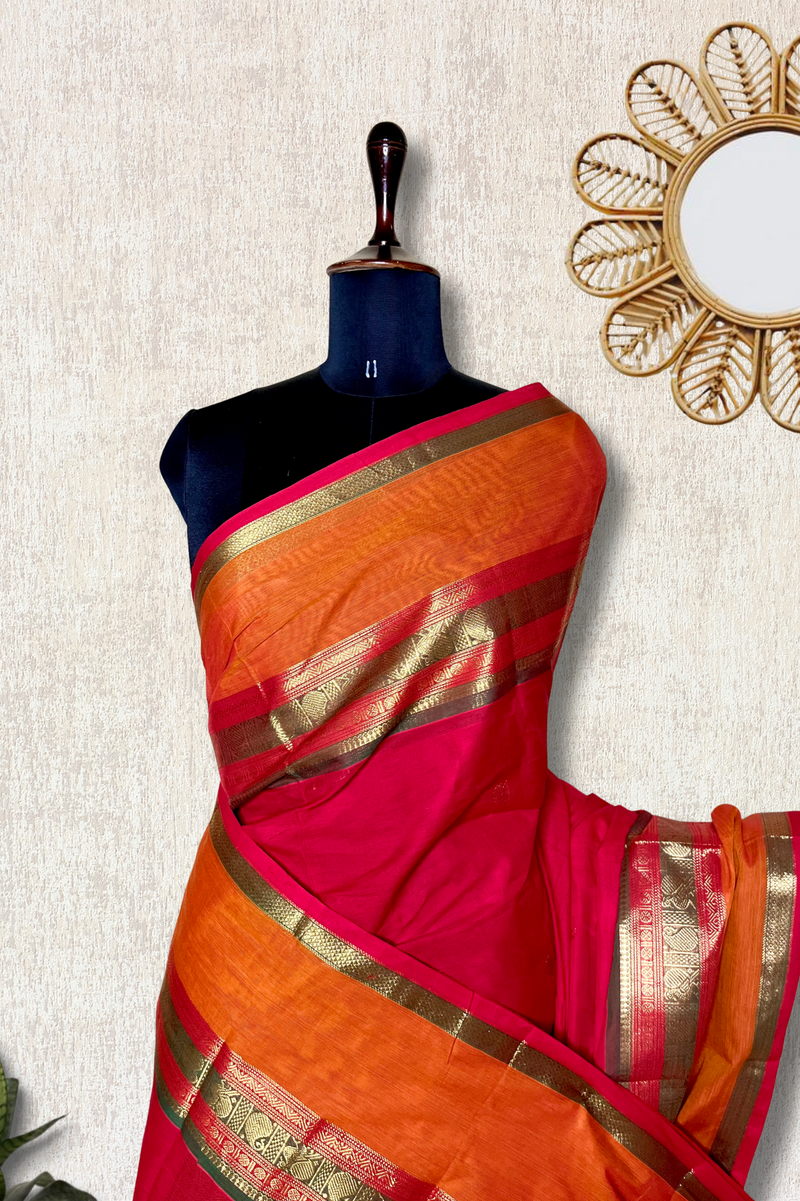 Kanchi Cotton Saree - Flush Maroon + Tango Orange