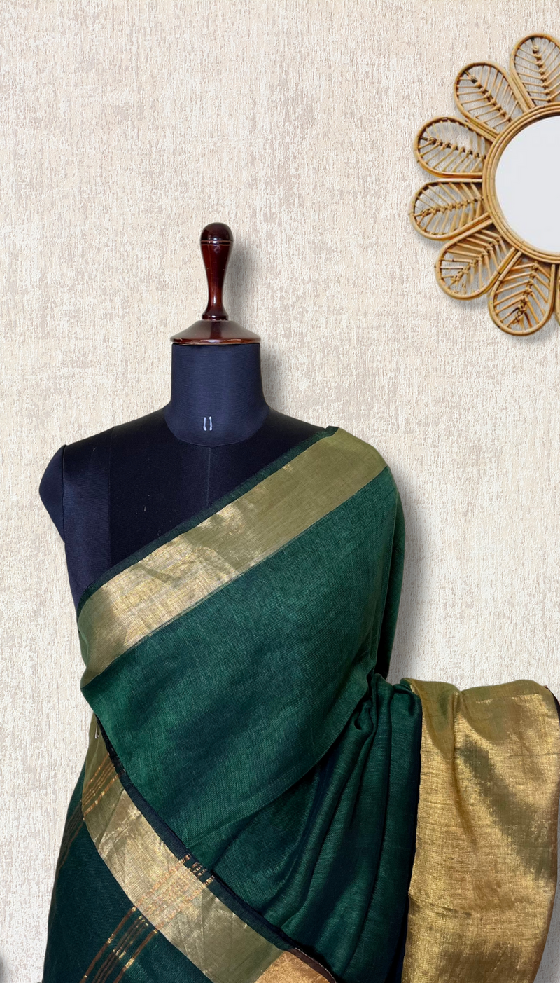 Handwoven Linen Saree - Bottle Green + Gold