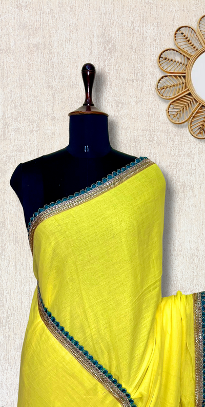 Handcrafted Cotton Saree - Bitter Lemon Yellow+ Deep Sea Green