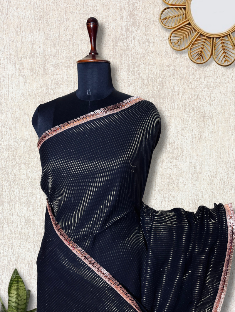 Handwoven Cotton Saree - Pearl Black + Gold