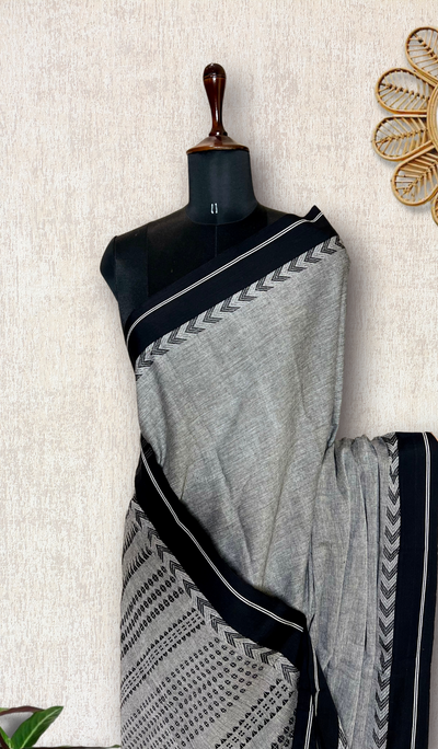 Handwoven Begampuri Cotton Saree - Gray + Black