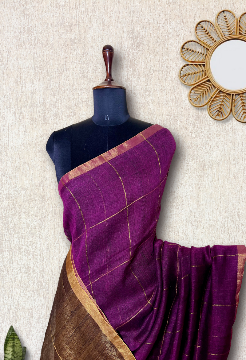 Handwoven Linen Saree - Cosmic Violet + Golden Zari