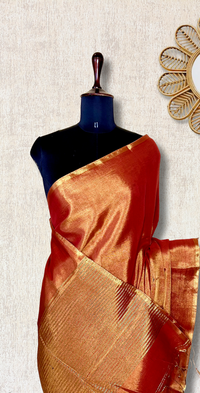 Handwoven Metallic Linen Tissue Saree - Tango Orange