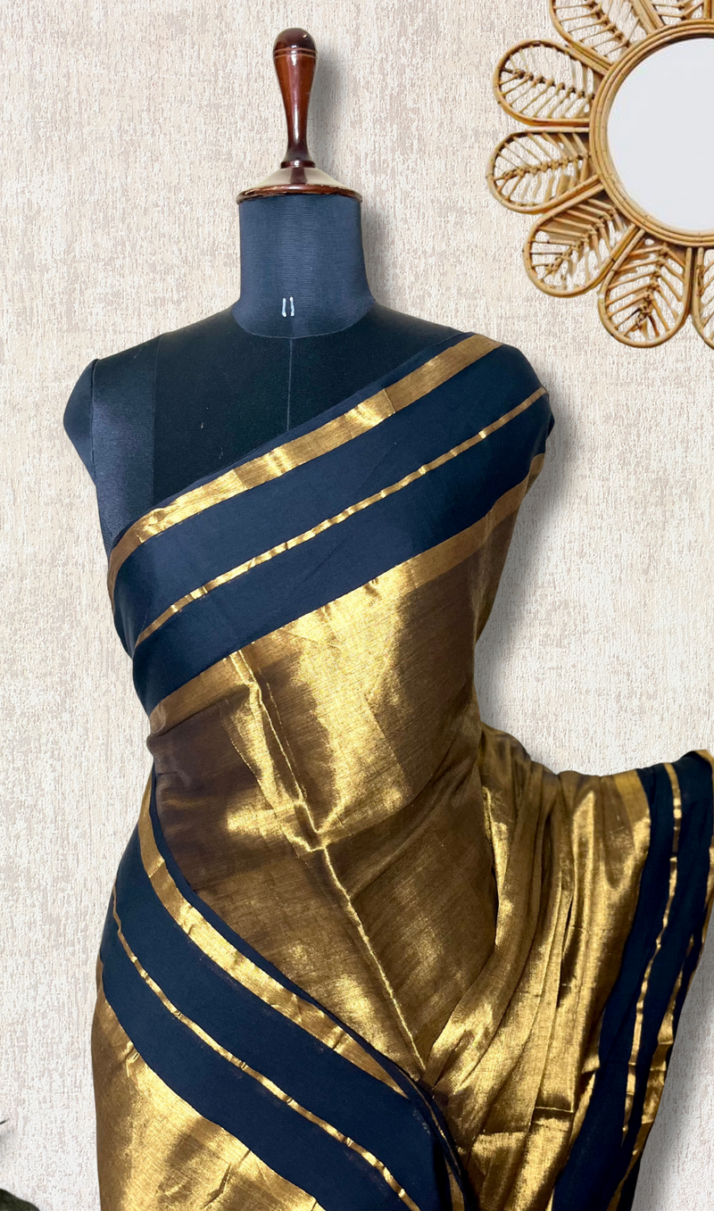Handwoven Cotton Saree - Pearl Black + Shimmer Gold