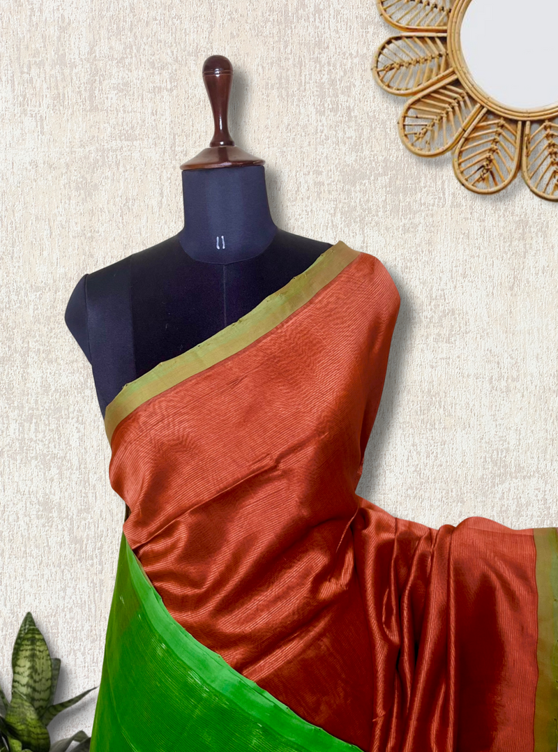 Handwoven Silk Cotton Saree - Thunderbird Brown + Forest Green