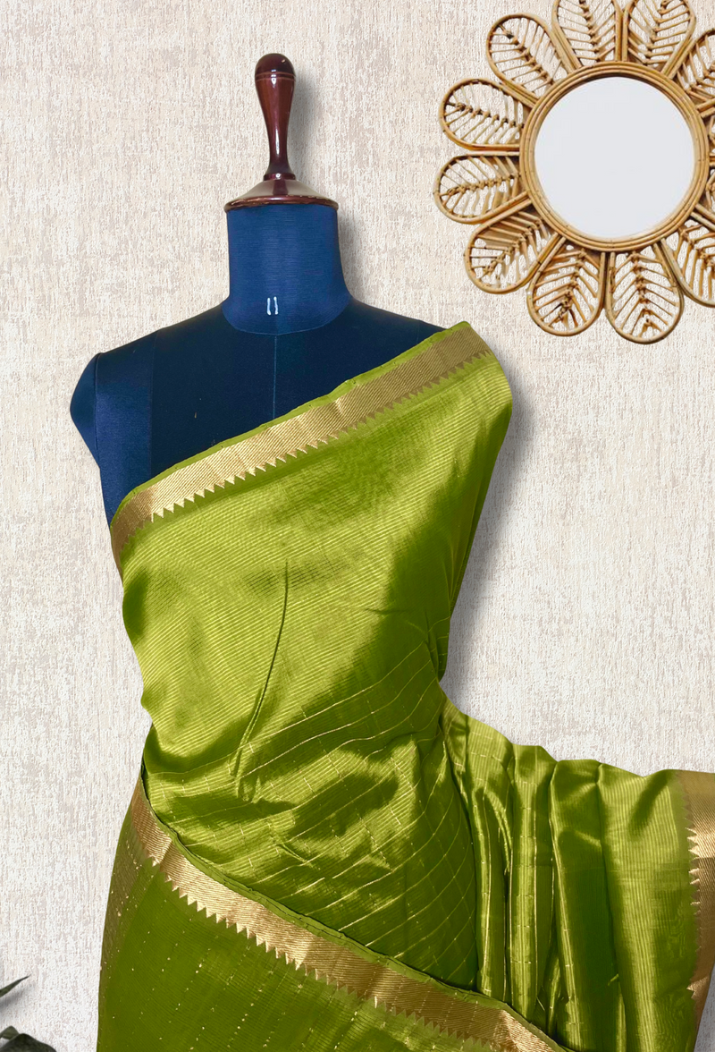 Handwoven Mangalgiri Silk Cotton Saree - Trendy Green + Gold