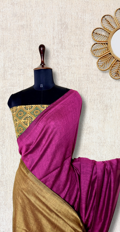 Khadi Cotton Saree - Brilliant Rose+ Copper Brown