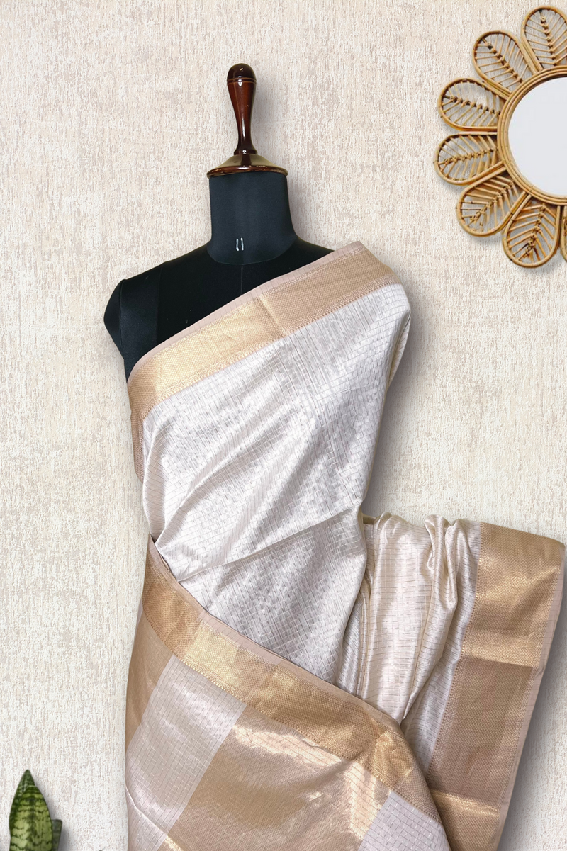 Handwoven Silk Cotton Saree - Soft Cream + Gold