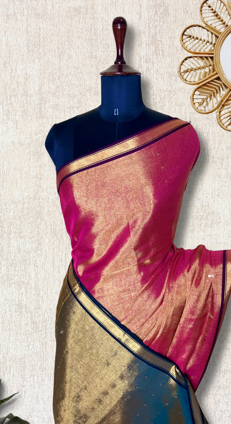 Handwoven Tissue Saree - Chestnut Rose + Mineral Green