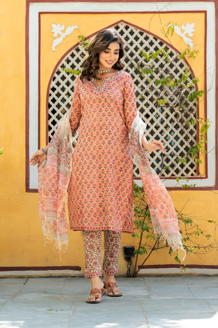 Orange Floral Buti Pintuks Kurta Set