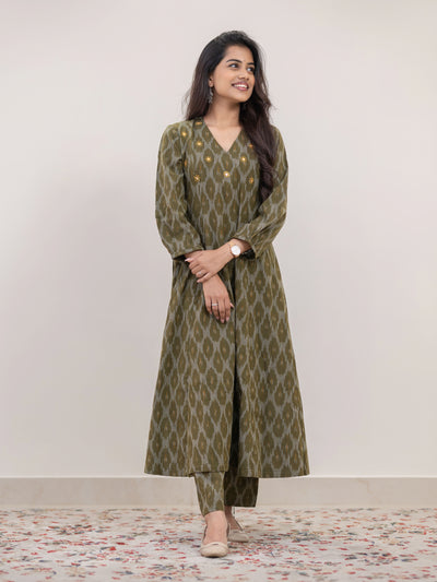 Avocado Hand Embroidered Handwoven Ikat Kalicut Co-ord