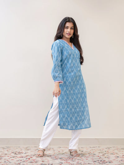 Frosted Vanilla Blue Ikat Handwoven Kurta