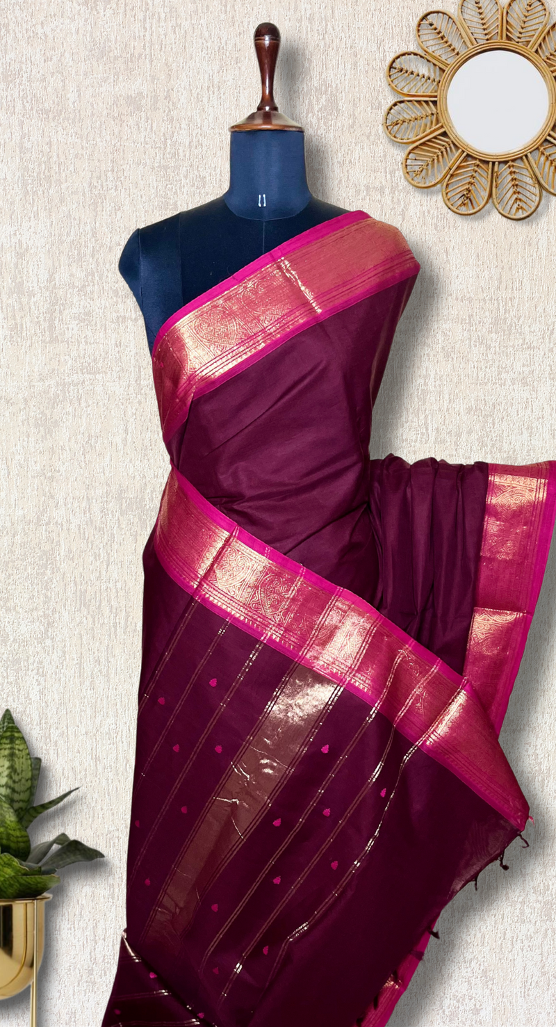 Chettinad Cotton Saree - Deep Brown + Brilliant Rose