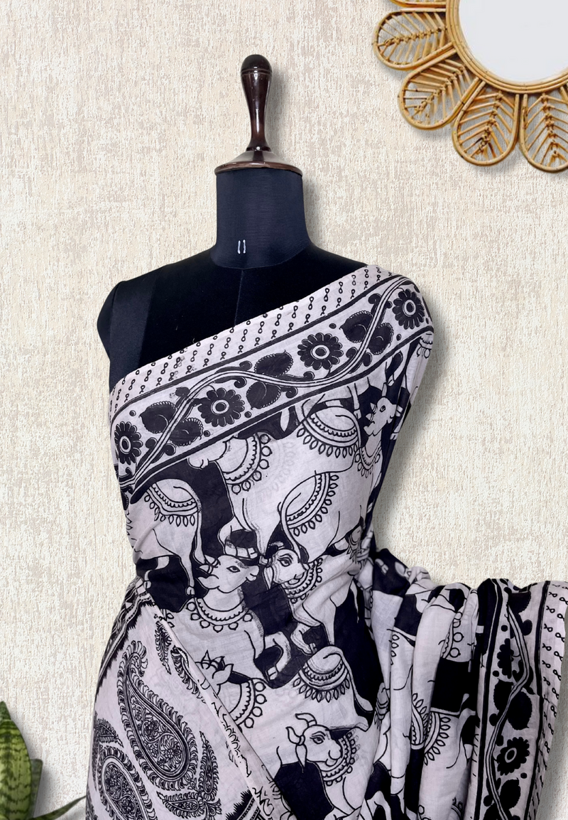 Handcrafted Kalamkari Cotton Saree - Smokey Black + Soft Cream