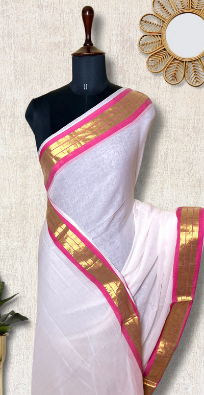 Handwoven Cotton Saree - Seashell white + Hibiscus Pink