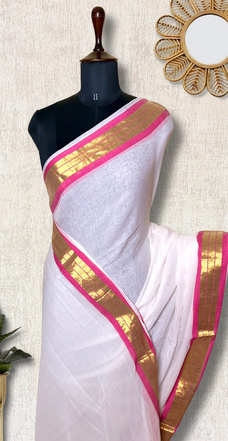 Handwoven Cotton Saree - Seashell white + Hibiscus Pink
