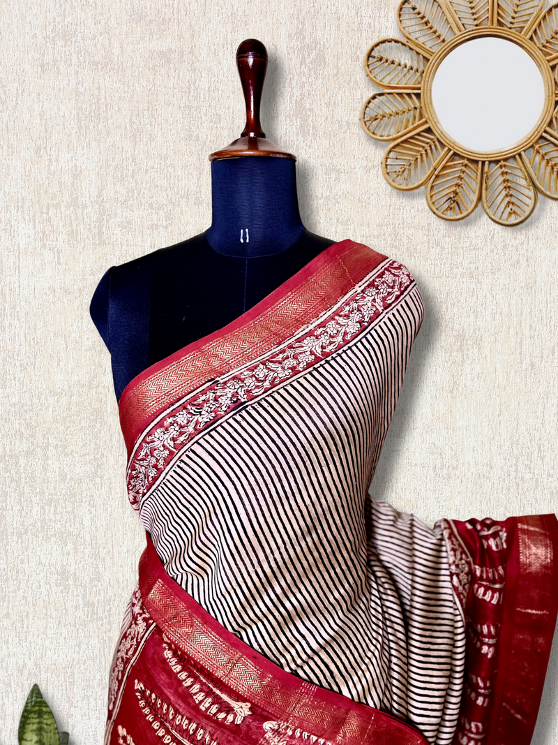 Handblock Printed Silk Cotton Saree - Thunderbird Red + Soft Peach