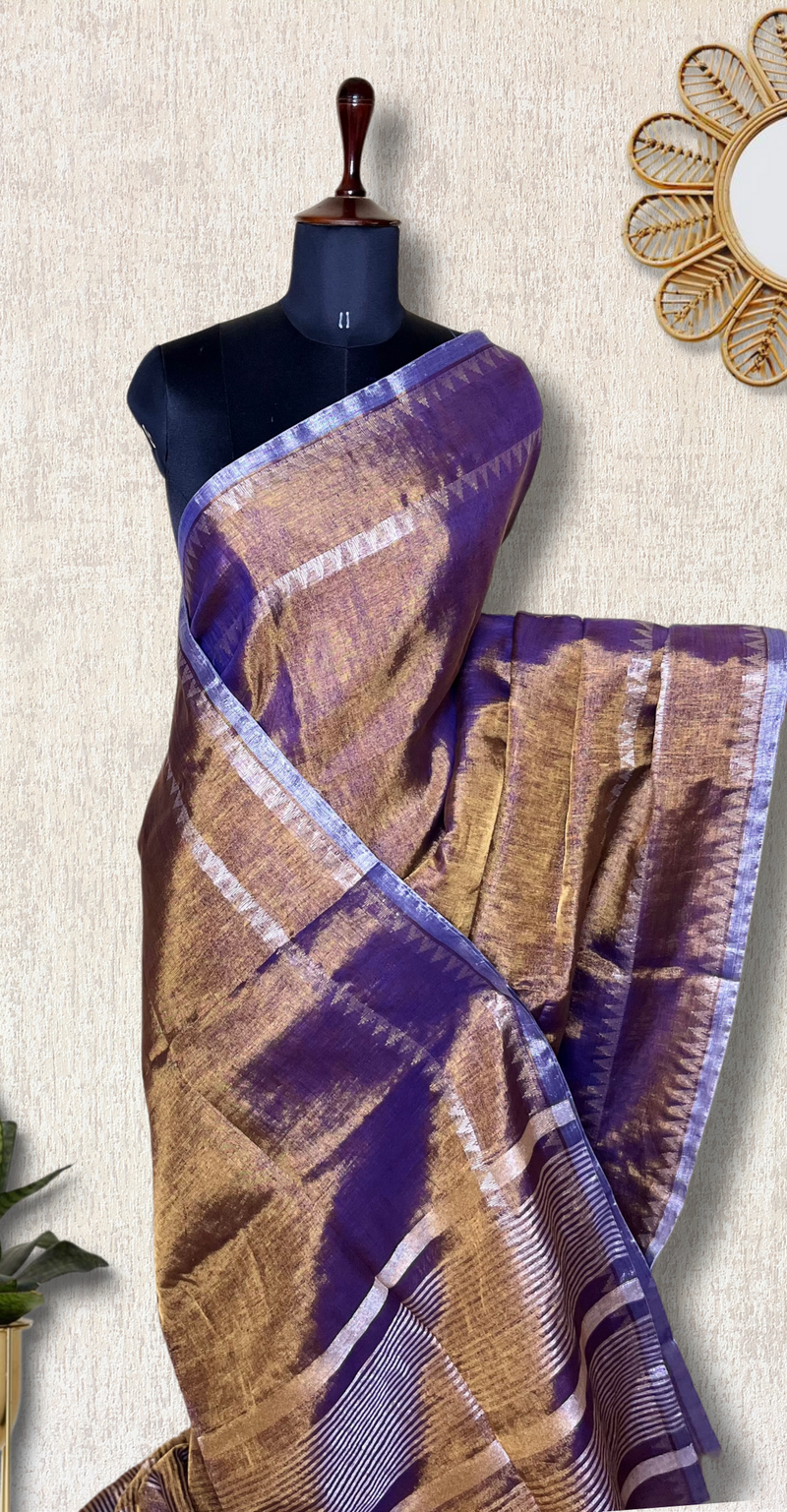 Handwoven Metallic Linen Tissue Saree -Copper Blue + Gold