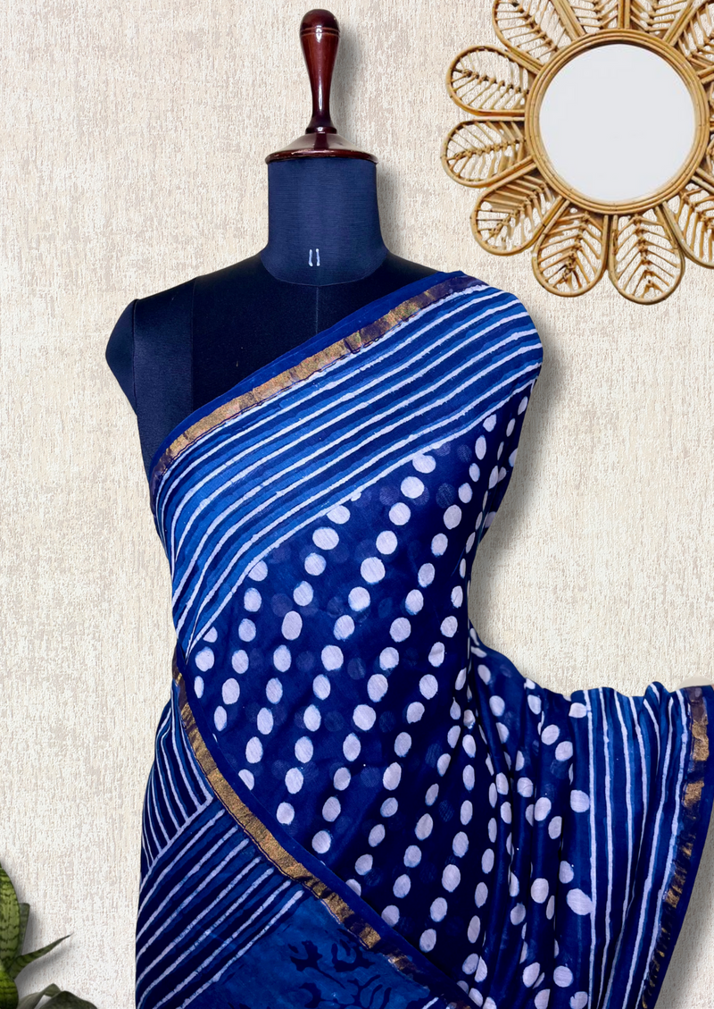 Handblock Printed Silk Cotton Saree -  Deep Sapphire Blue + Merino White