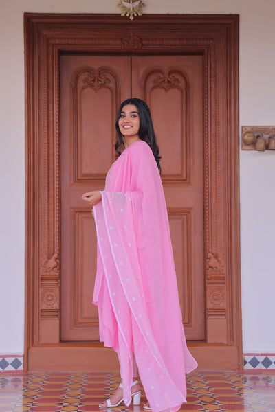 Pink Lychee Embroidered A-Line Co-ord Set With Dupatta