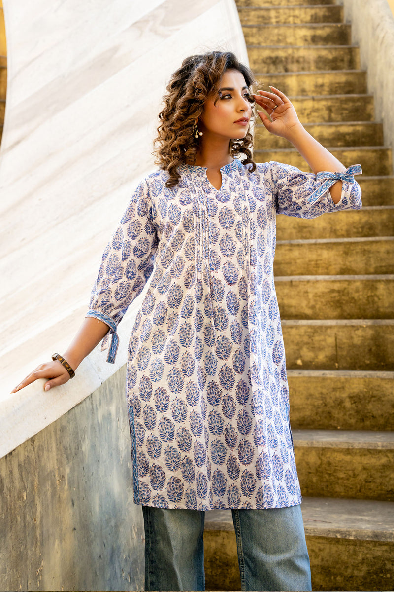 White Blue Buti Pintucks Tunic