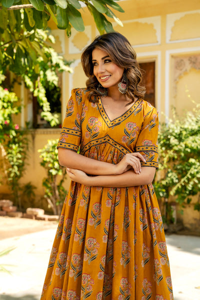 Mustard Ajrakh Mughal Buta Nyra Dress